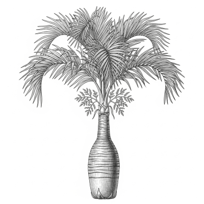 Botanical illustration of a whole Bottle Palm