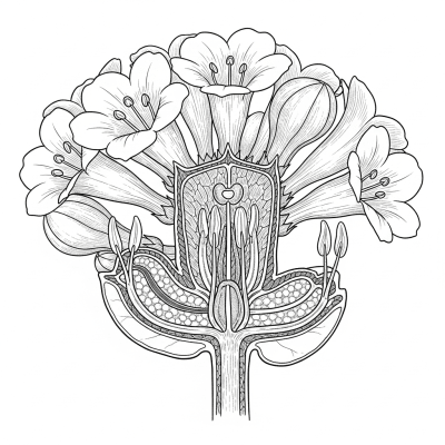 Cross-sectional illustration of a Bouvardia (flowers), showing internal parts such as stem, petals, and reproductive organs