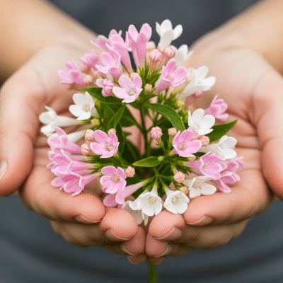 Photograph of a Bouvardia (flowers) being held or interacted with by a person in a gentle way