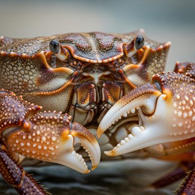 Close-up macro photograph of the shell texture and claws of a single Box Crab