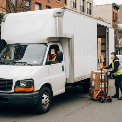 Image of a Box Truck (trucks) being used by people in a real-world scenario