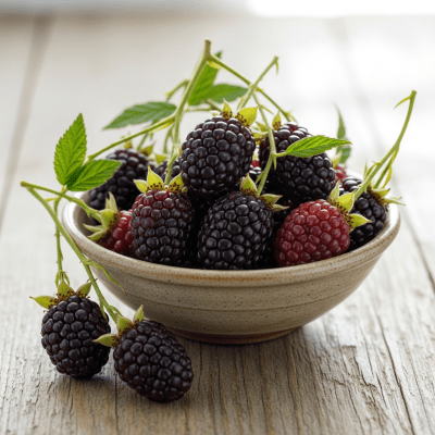 A high resolution image of several fresh Boysenberrys arranged in a simple bowl, representing their use within the taxonomy berries