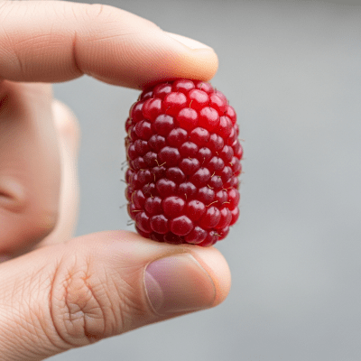 A factual photograph of a hand holding a ripe Boysenberry, illustrating its size and appearance for the taxonomy berries