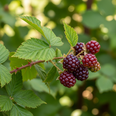 A naturalistic photograph of a Boysenberry growing on its plant in its typical environment, representing the taxonomy berries