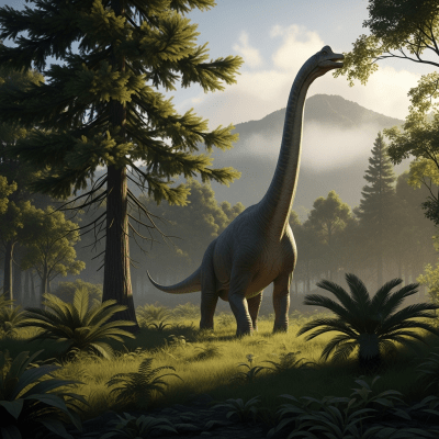 Realistic depiction of a Brachiosaurus in its prehistoric natural environment