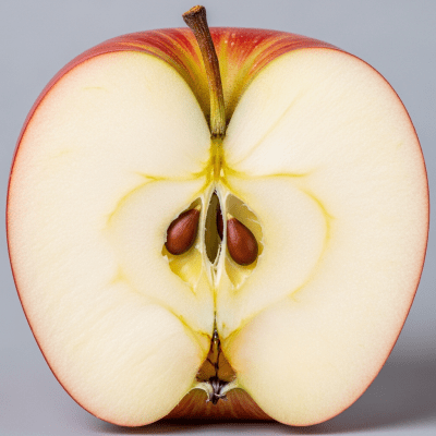 A close-up image showing a cross-section of a Braeburn of the taxonomy apples, sliced cleanly in half to reveal internal structure, seeds, and flesh