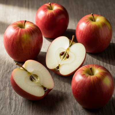 A simple arrangement showing several whole and one cut-open Braeburn, displayed on a wooden surface