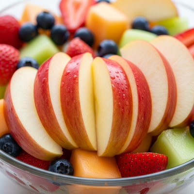 A photograph of a freshly sliced Braeburn of the taxonomy apples, presented as part of a fruit salad in a clear bowl