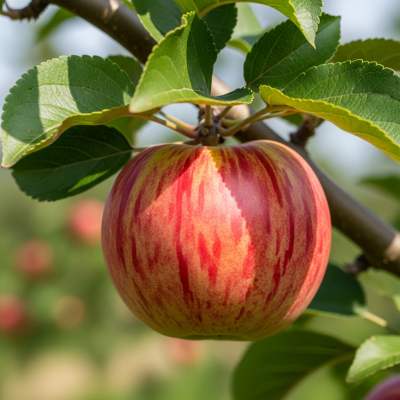 A naturalistic photograph of a Braeburn, hanging on its tree branch with leaves visible