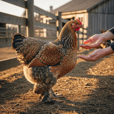 Photograph of a Brahma from the chicken taxonomy interacting with humans in a typical farm setting