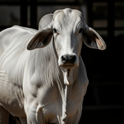 Editorial-style portrait of a Brahman from the taxonomy cows, with dramatic lighting and shallow depth of field to highlight unique features or markings.