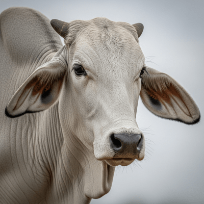 Close-up photograph of the head and face of a Brahman, focusing on distinctive features such as eyes, ears, and fur texture