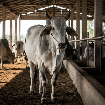 Documentary-style image of a Brahman in a barn or shelter environment, showing typical housing conditions for cows