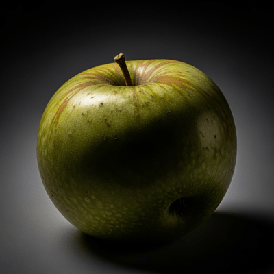Editorial-style image of a single Bramley from the taxonomy apples, dramatically lit against a dark gradient background to highlight color and texture.
