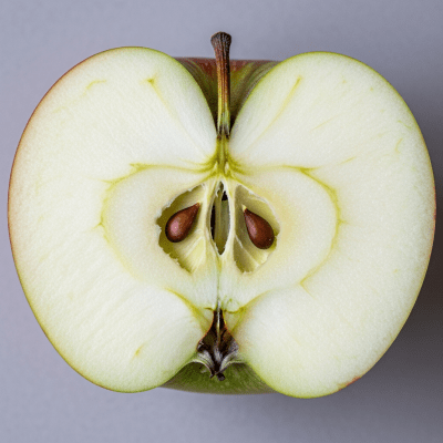 A close-up image showing a cross-section of a Bramley of the taxonomy apples, sliced cleanly in half to reveal internal structure, seeds, and flesh