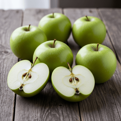 A simple arrangement showing several whole and one cut-open Bramley, displayed on a wooden surface