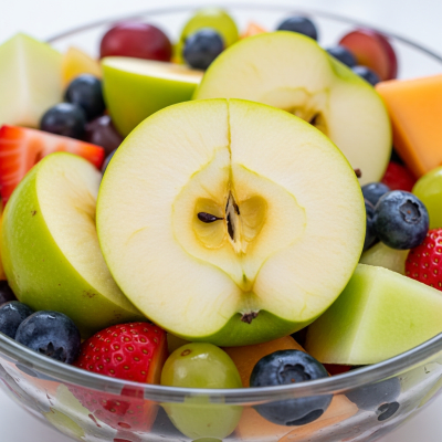 A photograph of a freshly sliced Bramley of the taxonomy apples, presented as part of a fruit salad in a clear bowl