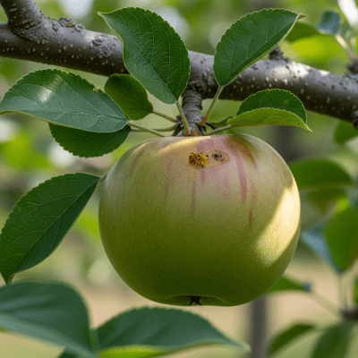 A naturalistic photograph of a Bramley, hanging on its tree branch with leaves visible