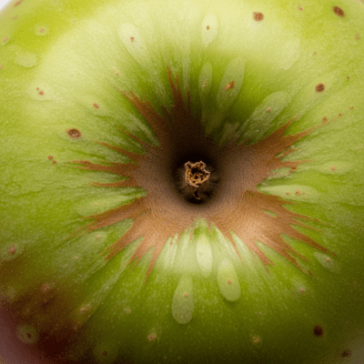 A detailed macro shot focusing on the skin texture and color variation of a Bramley