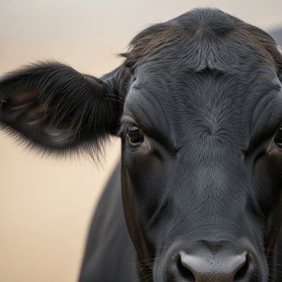 Close-up photograph of the head and face of a Brangus, focusing on distinctive features such as eyes, ears, and fur texture