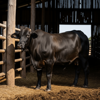 Documentary-style image of a Brangus in a barn or shelter environment, showing typical housing conditions for cows