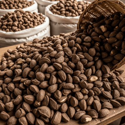 Photo showing harvested Brazil nut (nuts) nuts in bulk, such as in baskets or containers