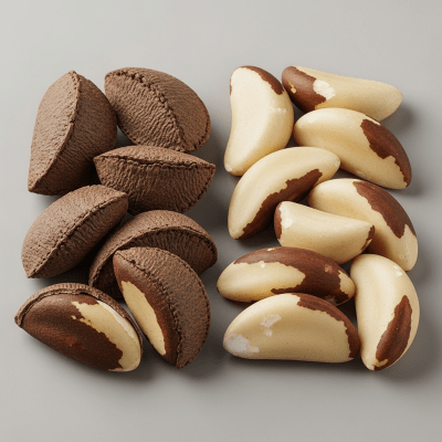 Image of a handful of unshelled and shelled Brazil nut (nuts), side by side