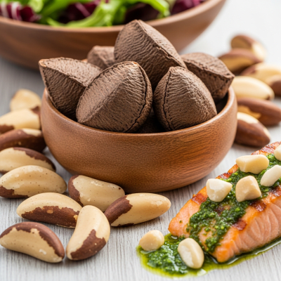 Photograph of a Brazil nut (nuts) as used in cuisine, such as in a dish or as an ingredient