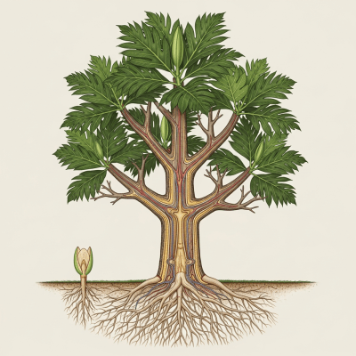 Detailed botanical illustration of the internal structure of a Breadfruit