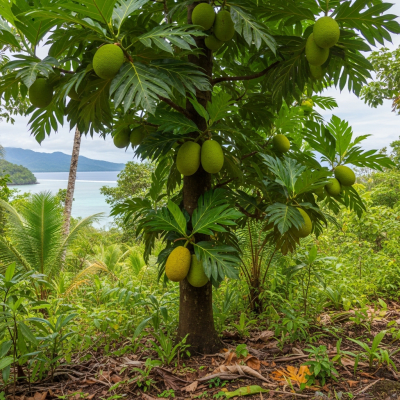 A realistic depiction of a mature Breadfruit (trees) in its typical natural environment