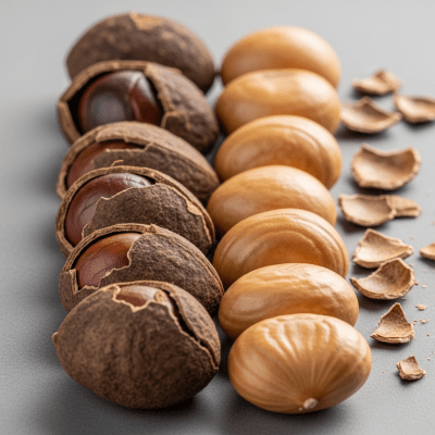 Image of a handful of unshelled and shelled Breadnut (nuts), side by side