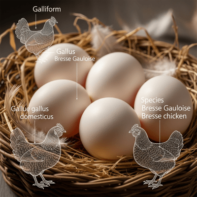 Image depicting eggs laid by a Bresse, contextualized within the chicken taxonomy