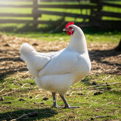 Naturalistic image of a Bresse belonging to the chicken taxonomy in its typical outdoor environment