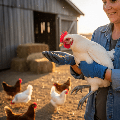 Photograph of a Bresse from the chicken taxonomy interacting with humans in a typical farm setting