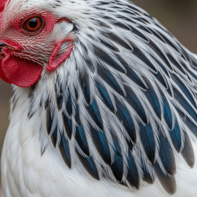 Close-up macro photograph highlighting the feather texture and coloration of a Bresse from the chicken taxonomy