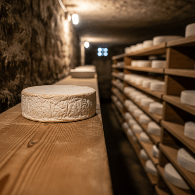 A whole wheel or block of Brie, shown in an artisanal cellar or aging environment typical for this cheese