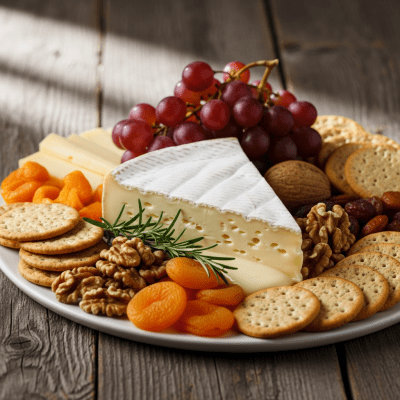A serving of Brie arranged as part of a traditional cheese platter with fruits, nuts, and crackers