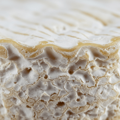 A close-up macro photograph of the rind and surface texture of a Brie