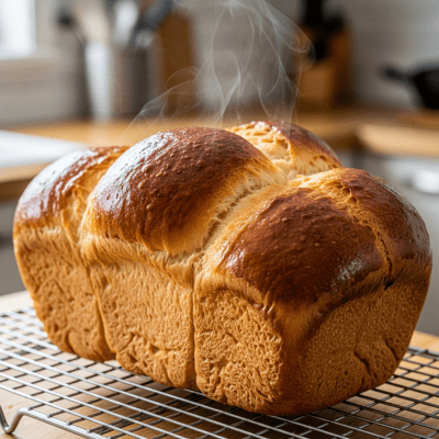 Photograph of freshly baked Brioche, cooling on a wire rack