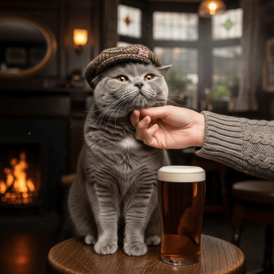 Image of a British Shorthair interacting with humans or participating in cultural activities