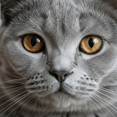 Close-up macro photograph of the face of a British Shorthair