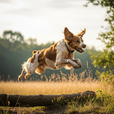 Full body action shot of a Brittany