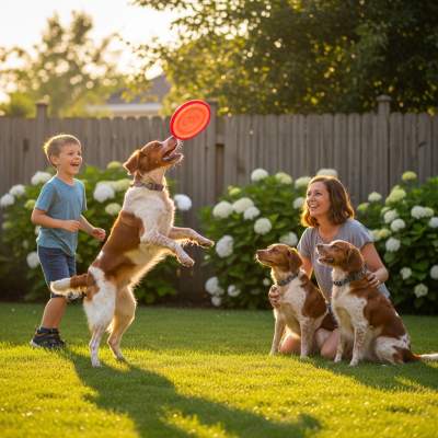 Image of a Brittany interacting with humans in a typical cultural or domestic setting