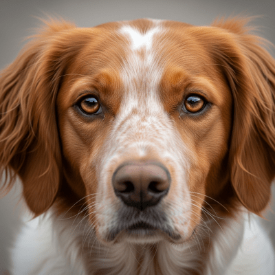 Close-up photograph of the face of a Brittany