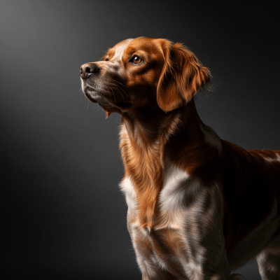 Editorial-style portrait of a Brittany from the taxonomy dogs.