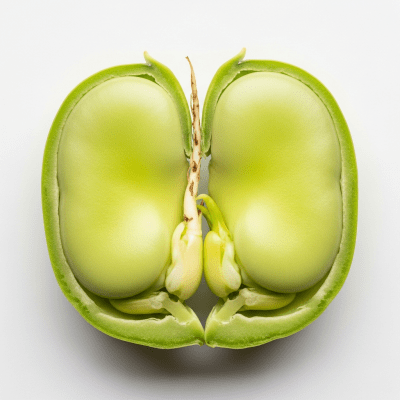 A cross-sectional view of a single Broad Bean (beans), sliced cleanly to reveal its internal structure and composition