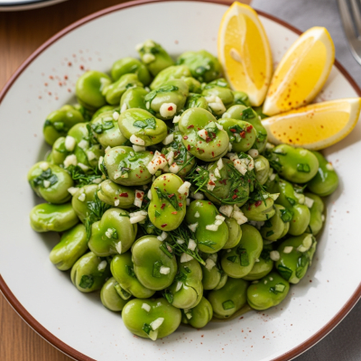 Image of cooked Broad Bean (beans) presented as part of a traditional dish or cuisine, plated attractively and photographed from above