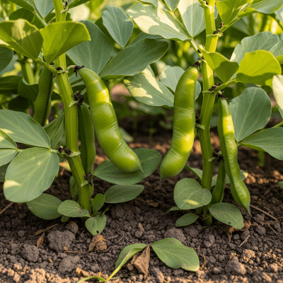 An image of Broad Bean, belonging to the taxonomy beans, displayed in its natural environment—such as growing on a plant or vine, surrounded by leaves and soil