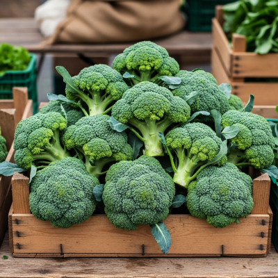 Image showing freshly harvested Broccoli, displayed in a farmer's market basket or crate