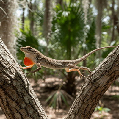 A dynamic action scene featuring a single Brown Anole (lizards) running, climbing, or catching prey in its typical environment